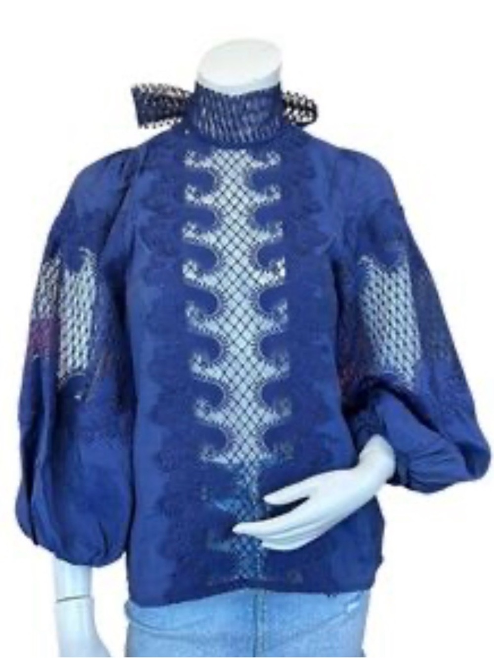 Benaar LA High-Neck Navy Lace Balloon-Sleeve Top